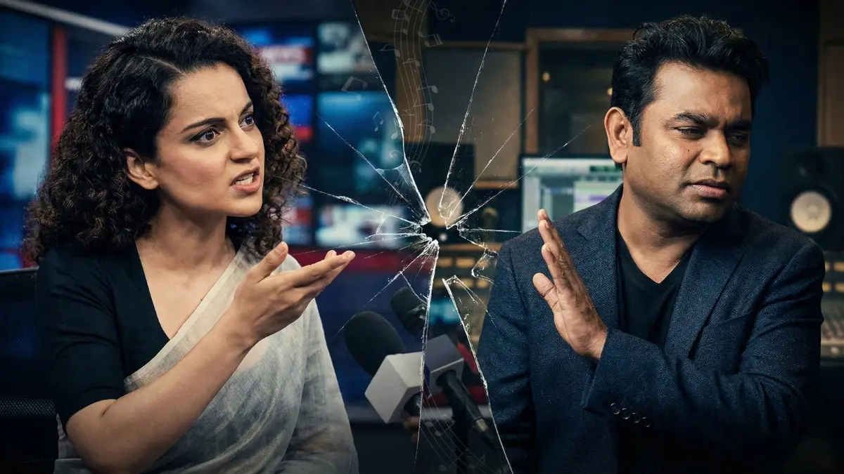 Kangana Ranaut and AR Rahman controversy collage showing Kangana Ranaut angry expression and AR Rahman during an interview